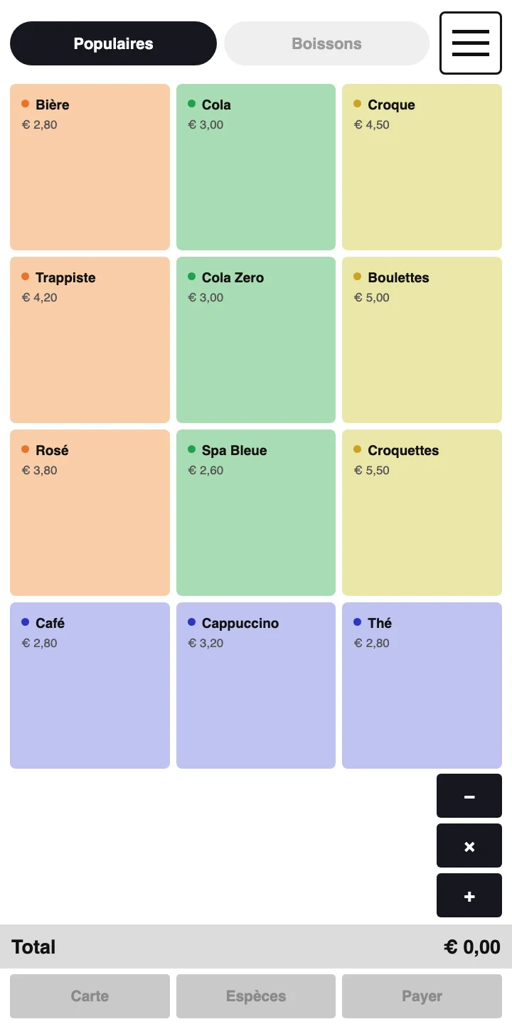 &Eacute;cran de caisse avec l&rsquo;onglet Populaires actif&nbsp;: douze tuiles d&rsquo;articles color&eacute;es avec leur prix, comme Bi&egrave;re, Cola et Croque. En bas &agrave; droite, les touches moins, multiplier et plus. En bas, un total de 0,00 euro et les boutons gris&eacute;s Carte, Esp&egrave;ces et Payer.
