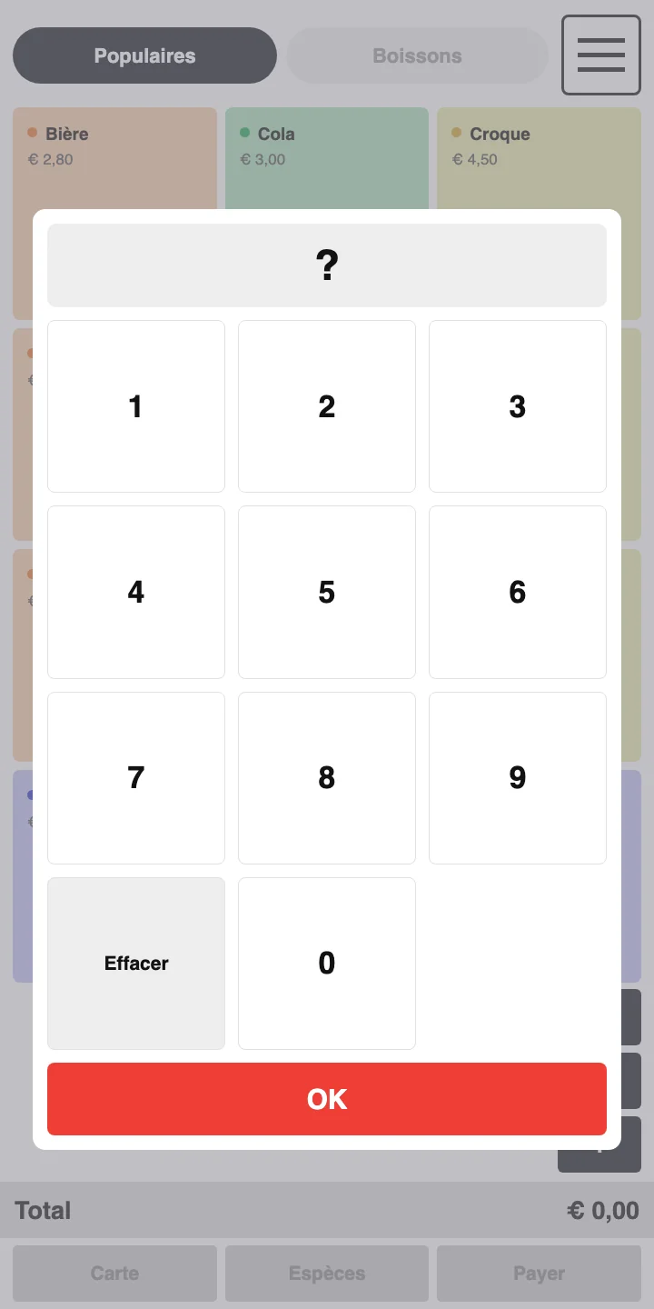 Clavier num&eacute;rique par-dessus l&rsquo;&eacute;cran de caisse, avec les touches 0 &agrave; 9, une touche Effacer et une touche rouge OK. Le champ du haut affiche un point d&rsquo;interrogation.