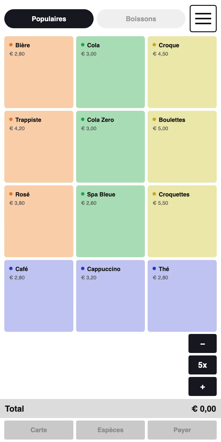 &Eacute;cran de caisse avec les tuiles d&rsquo;articles de l&rsquo;onglet Populaires. En bas &agrave; droite, 5x est pr&ecirc;t entre les touches moins et plus. Le total est encore &agrave; 0,00 euro.