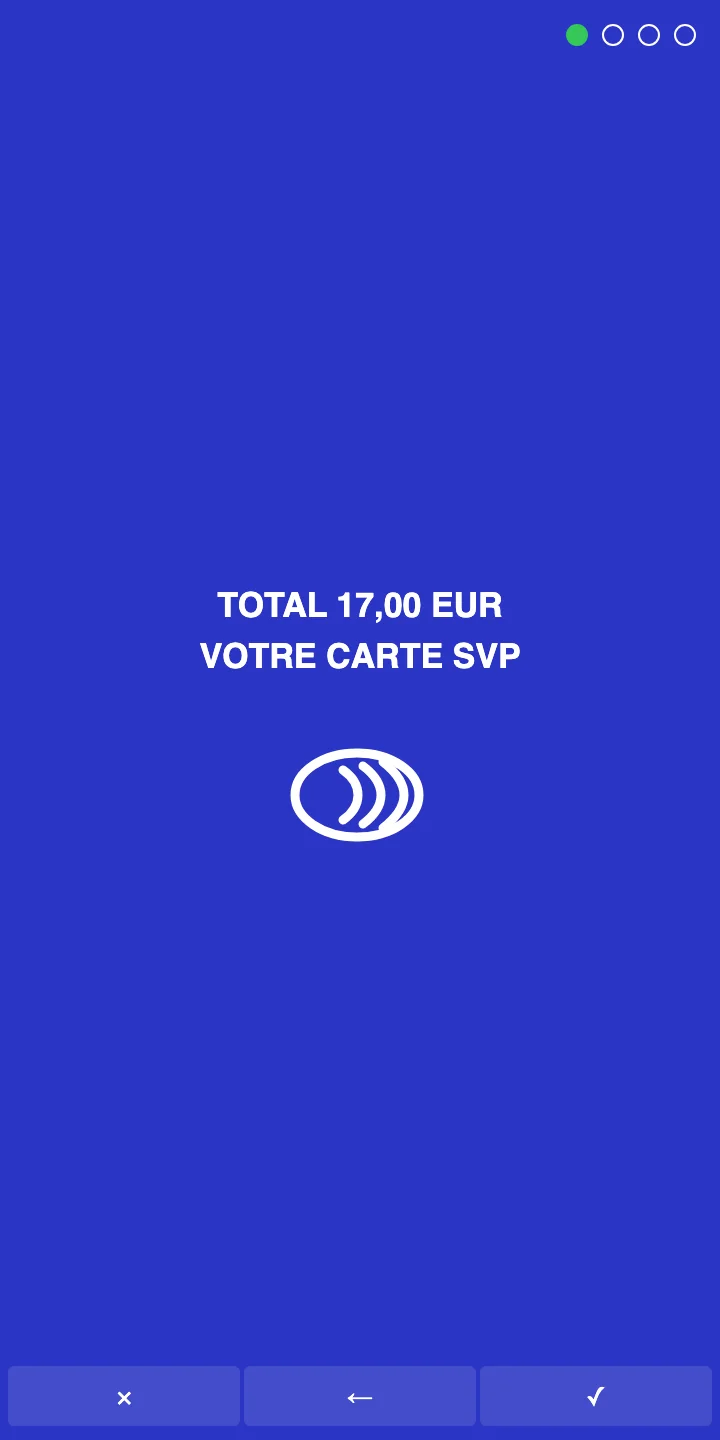 &Eacute;cran de paiement bleu avec le texte TOTAL 17,00 EUR, VOTRE CARTE SVP et, en dessous, le symbole du paiement sans contact.