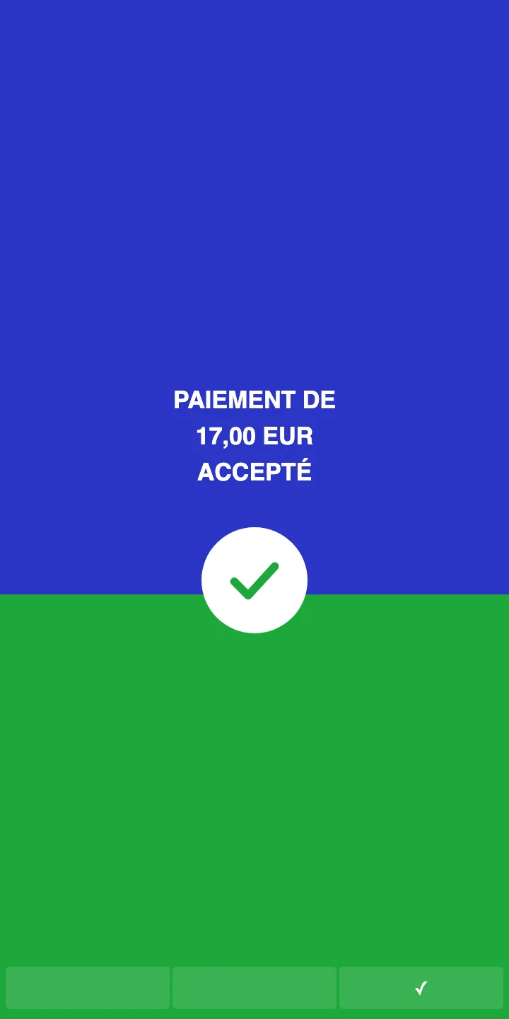 &Eacute;cran avec le texte PAIEMENT DE 17,00 EUR ACCEPT&Eacute; et une coche verte dans un cercle blanc.
